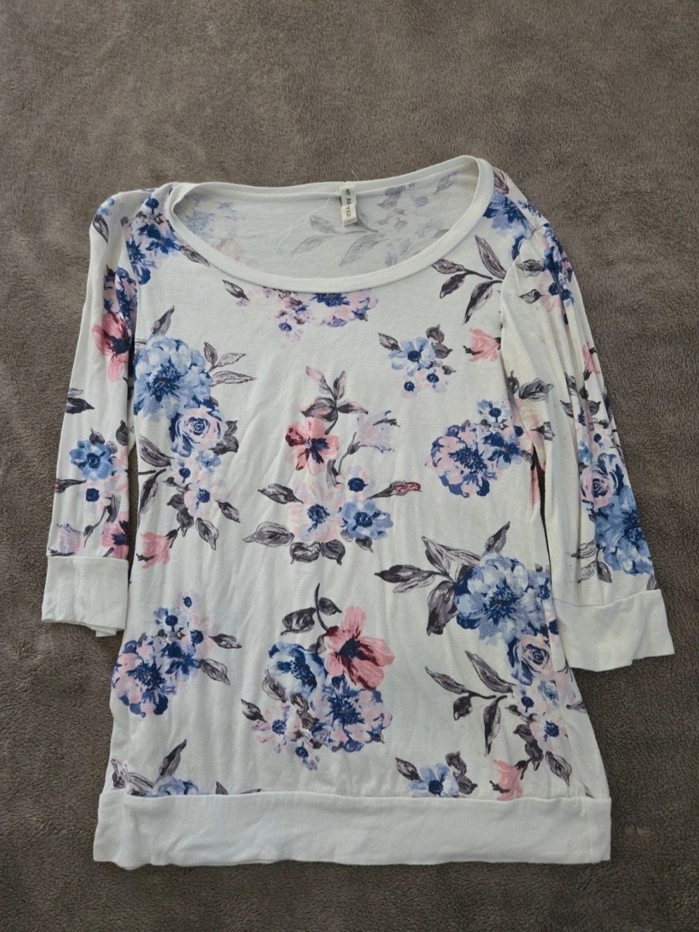 My Beloved White Floral Scoop-Neck Top with Blue & Pink Blooms